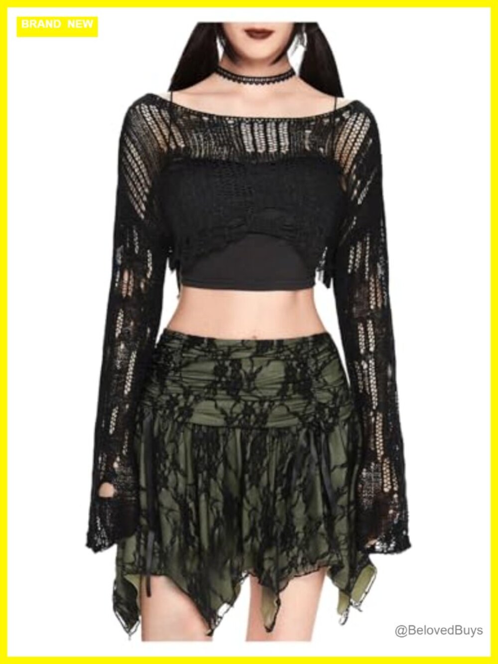 SHENHE Ripped Sweater Hollow Out Long Bell Sleeve Grunge Crop Top